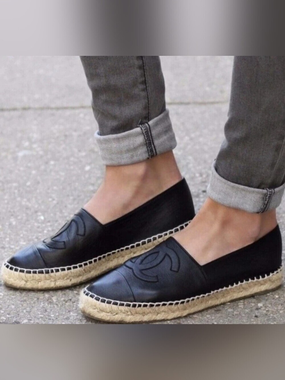 Authentic Chanel Black Lambskin Espadrilles Size 38 US 7 Good Condition